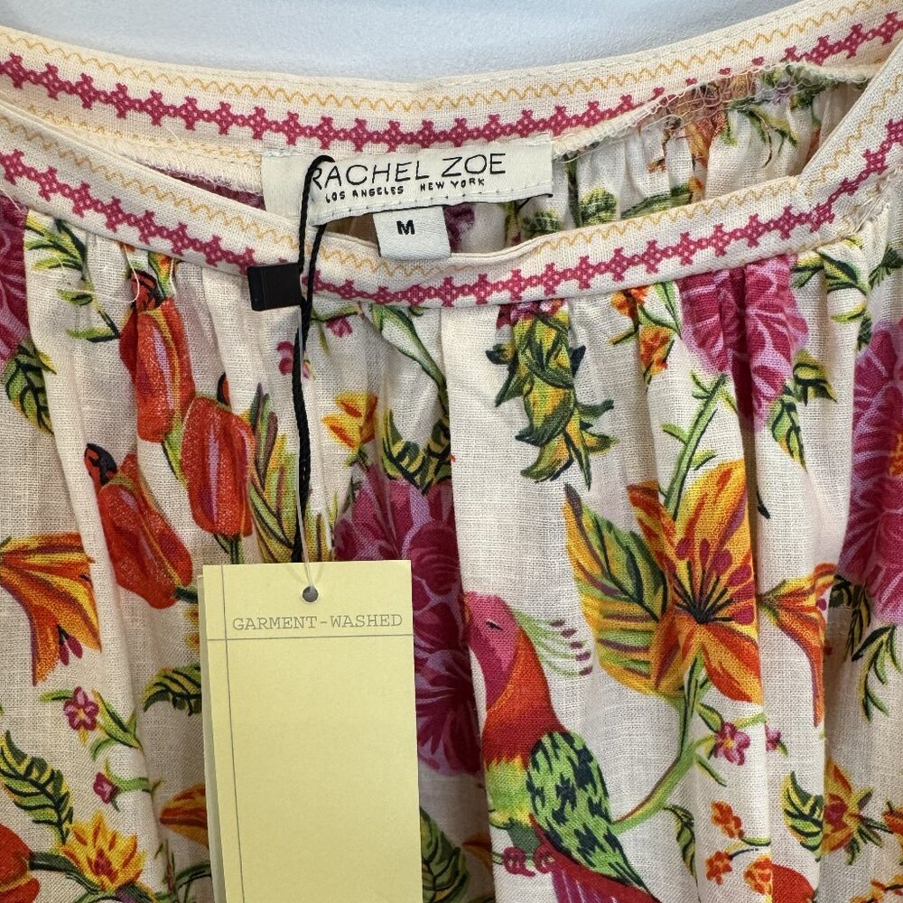 NWT Rachel Zoe Ivory Linen Blend Floral Bird Peasant Top Boho Crochet Sleeves - Picture 4 of 11